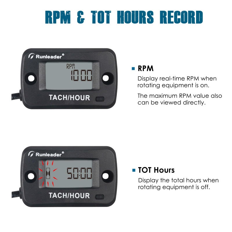 Runleader Rotating Shaft Hour Meter Tachometer,RPM Magnetic Pickup,Maintenance Reminder,Display Shutdown for Lawn Mower Generator Compressor Marine Diesel/Gas Engine Motor and Process/Power Equipment. - Image 2